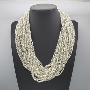 18" VTG BOHO Tribal Style Multi-strand White Clear Glass Seed Bead Necklace